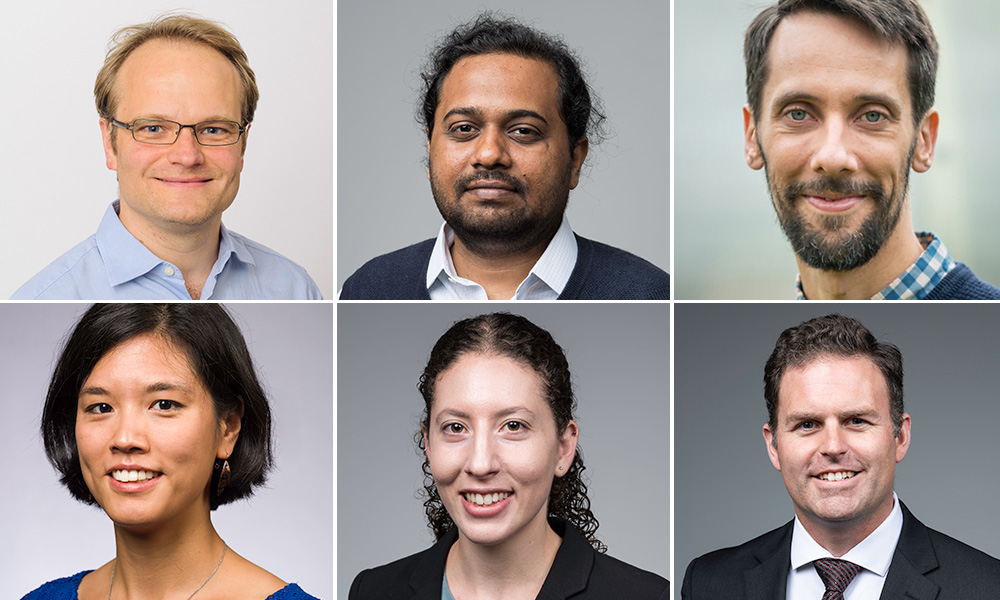 Clockwise from top left, Rochester researchers Ralf Haefner, Sreepathi Pai, Ross Maddox, Thomas Howard, Andrea Pickel, and Jessica Shang are this year's recipients of the National Science Foundation's CAREER Awards.
