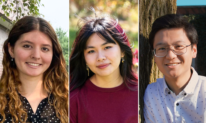 Wells Prize recipients Kyra McCracken, Sophia Wang, and Stefan Wang, all members of the Class of 2026.
