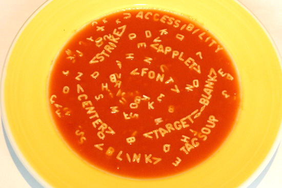 a picture of alphabet soup containing HTML tags