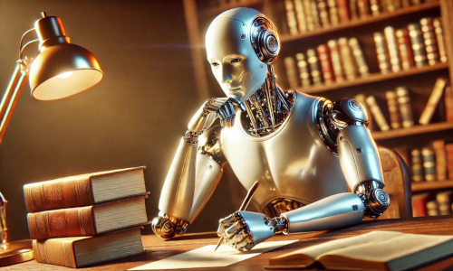 Humanoid robot thinking at library table